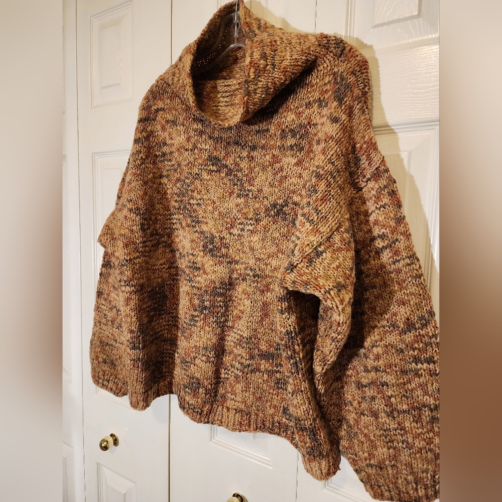 Oversized Marled Cowl Neck Chunky Knit Sweater Brown Cozy Cottagecore L-xl - Picture 4 of 6